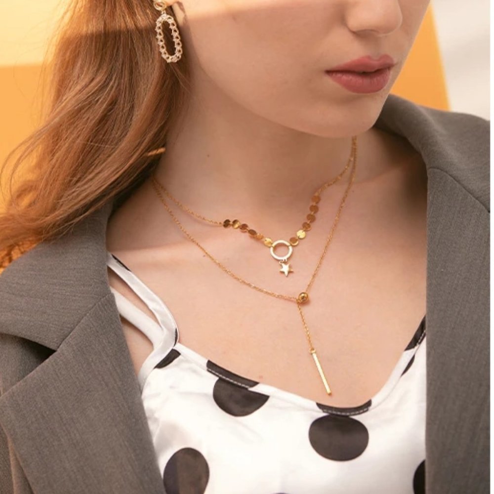 New 18K Gold Plated Circle Bar Coin Star Double Layer Necklace - Picture 1 of 6